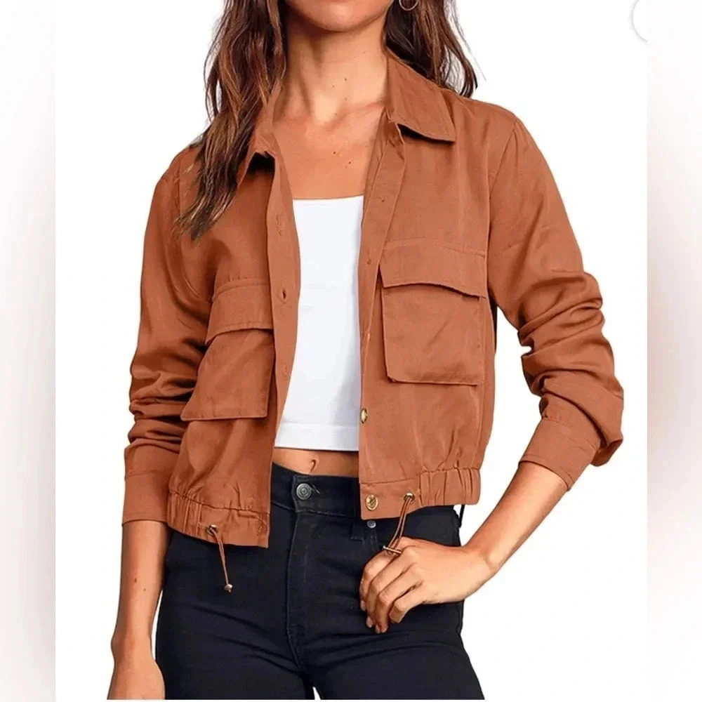 Women's Military Safari Cropped Button Down Lightweight Jacket - Size L